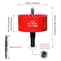 Vista 2 de Sierra perforadora de 2 3/4" (70 mm) para madera y plástico, broca de núcleo de cortador de agujeros bimetálico HSS para paneles de yeso, tableros