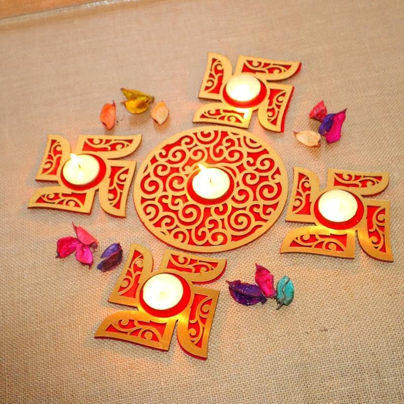 Saudeep India MDF Wood Readymade Swastik Shape Rangoli Set with Tealights | Decorative Tea Light Candle Holder for Home Decor | Festive Decoration & Corporate Gift Item for Pooja and Celebrations