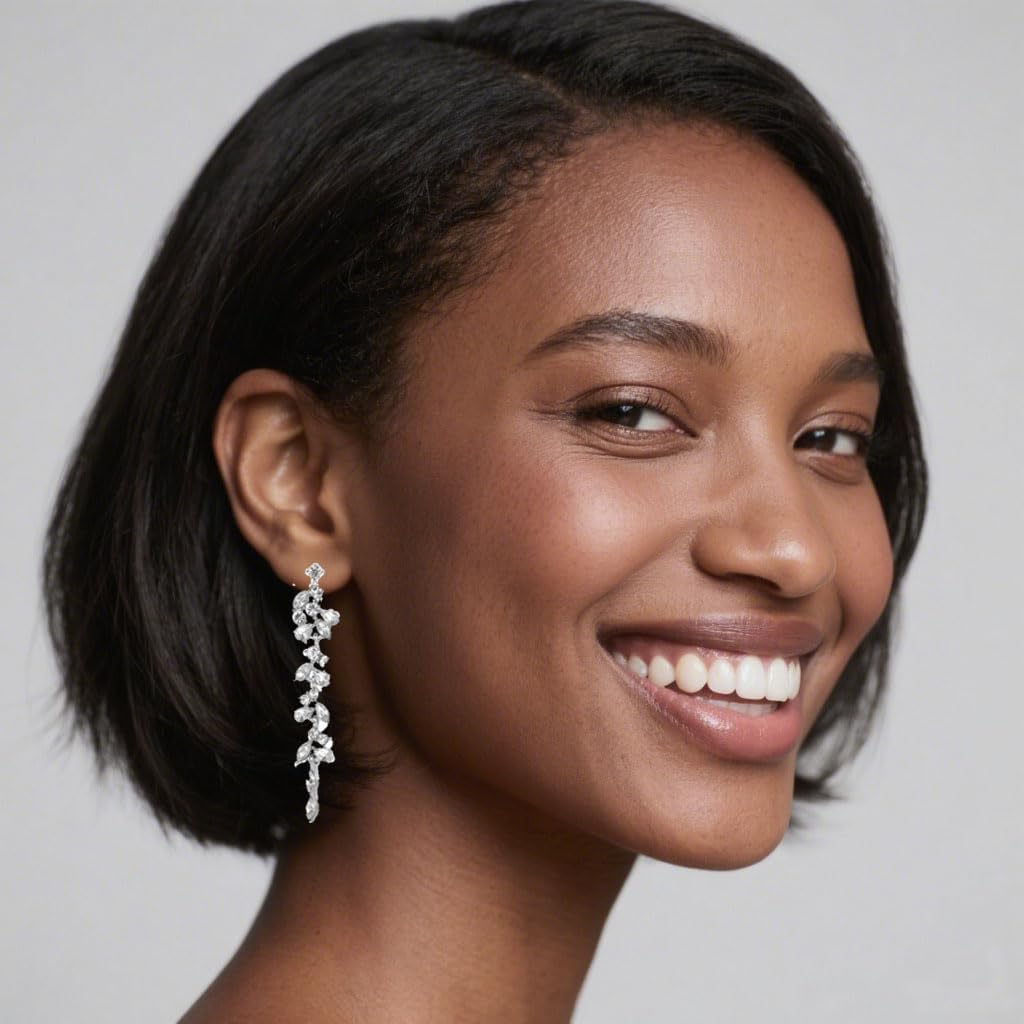 925 Sterling Silver Clip On Earrings for Women, Silver Plated Cubic Zirconia CZ Long Tassel Dangle Drop Clip Earrings Leaf Non Pierced Earrings Jewelry Gifts for Wedding Party Prom - Image 2