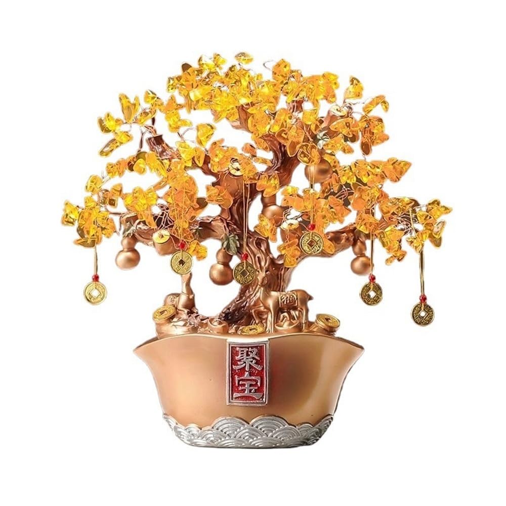 Fortune Crystal Trees Home Fortune Tree Ornament, Citrine with Gold Ingot Money, Living Room Entryway Wine Cooler Decorations(Gold)