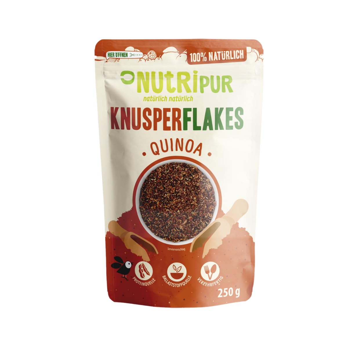 NutriPur Knusperflakes Quinoa - Quinoaflocken | gesunde Ceralien - High Protein Ergänzung, Topping für Salate, Suppen & Müsli - Proteinquelle, Ballaststoffquelle - 250g (Packung mit 6)