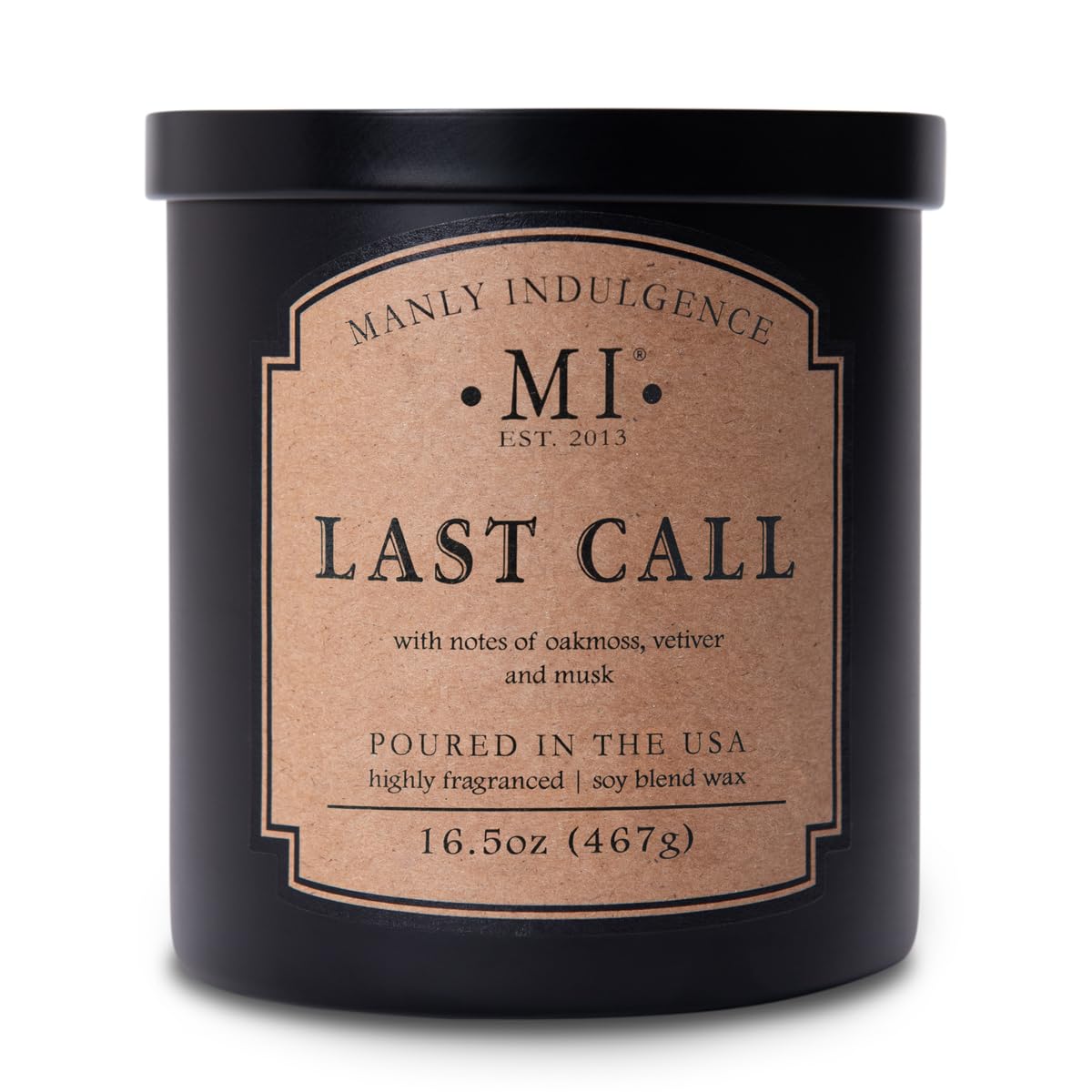 Manly Indulgence Last Call Duftkerze im Glas, 2 Baumwolldochte, Premium-Soja-Mischung, weißes Wachs, 60 Stunden Brenndauer, mattschwarzes Glas für Zuhause und Männer, 470 ml, in den USA gegossen