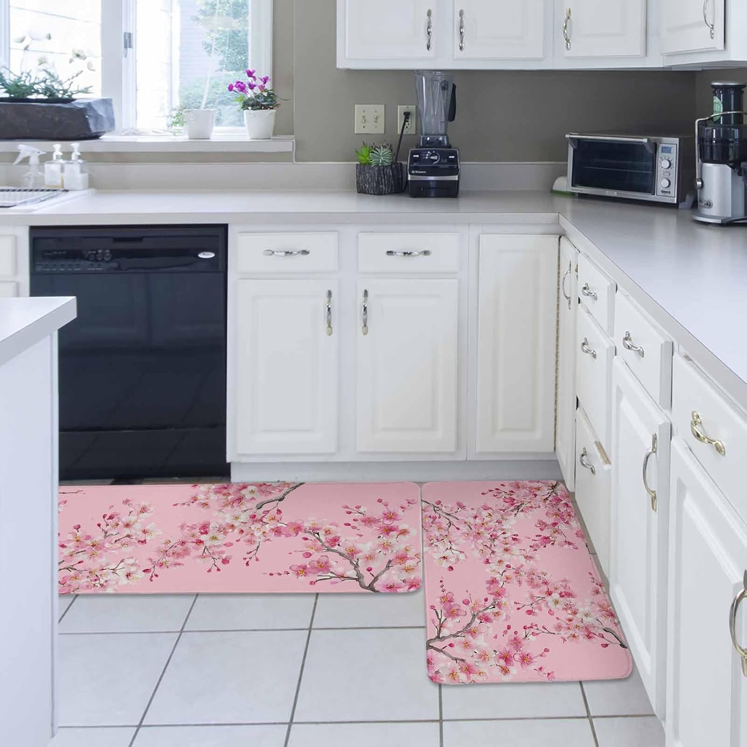 Spring Peaches Kitchen Rugs and Mats Set of 2, Non-Slip Kitchen Sink Mat, Botanical Blossom Flowers Branches Washable Doormat Bathroom Rugs Runner for Bedroom/Living Room 19.7"x31.5"+19.7"x47.2"