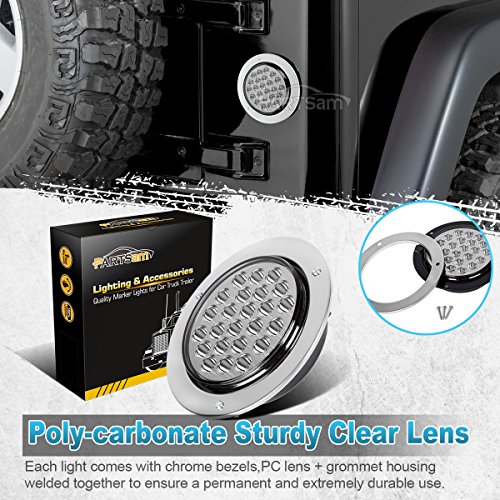 Partsam 2Pcs 4" Round White 24 Led Truck Trailer Light Reverse Backup Running Light + Chrome/Wire #TOP2