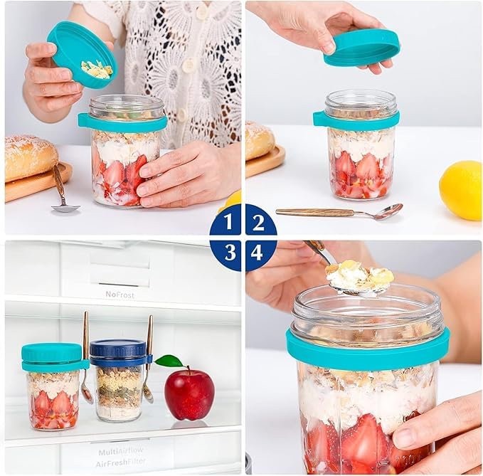 Image of PrimeWorld Glass Overnight Oats Jars With Spoon And Lid Set of 1pc-350 ML, Airtight Oatmeal Container With Measurement Marks, Mason Jars With Lid For Cereal On The Go Container Yugart,Multicolor