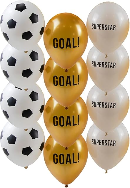 Talking Tables Pack of 12 Football Balloons Decorations for Kids Birthday Party or Adults, Latex and can inflate with Helium, White Gold