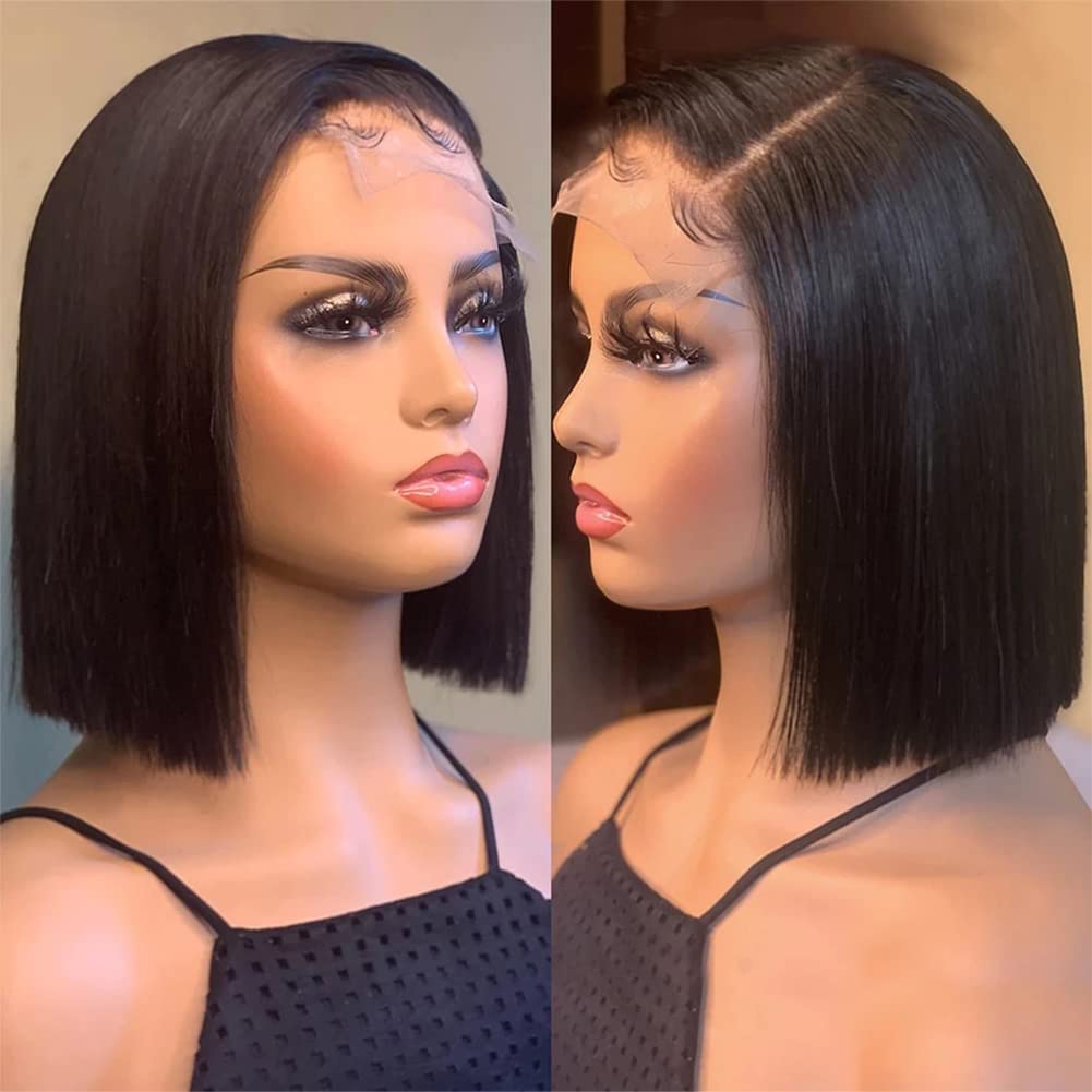 Corto Bob Peluca de cabello humano Cabello liso 4x4 Encaje Frontal peluca Brasileña Virgen Cabello humano Sin cola Pelucas para mujeres con cabello de bebé Color negro natural 10 pulgadas