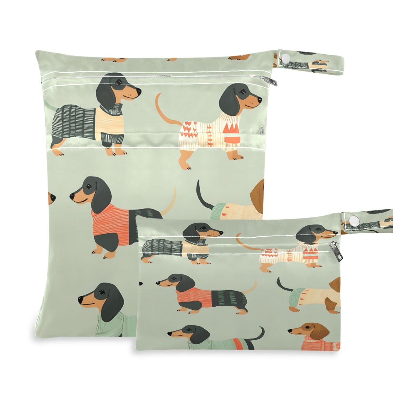 GakkiGii Cute Dachshund Wet Dry Bag with Zippered Cloth Diapers, Reusable Wet Bag for Cloth Diapers for Babies, 2PC Travel Pool Gym Waterproof Bag