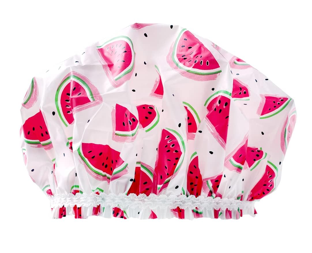 Reusable Vinyl Shower Cap & Bath Cap, Frosted PEVA Elastic Stretch Hem. Multi-Use Waterproof Stretchy Hair Cap for all Hair Lengths - One In A Melon