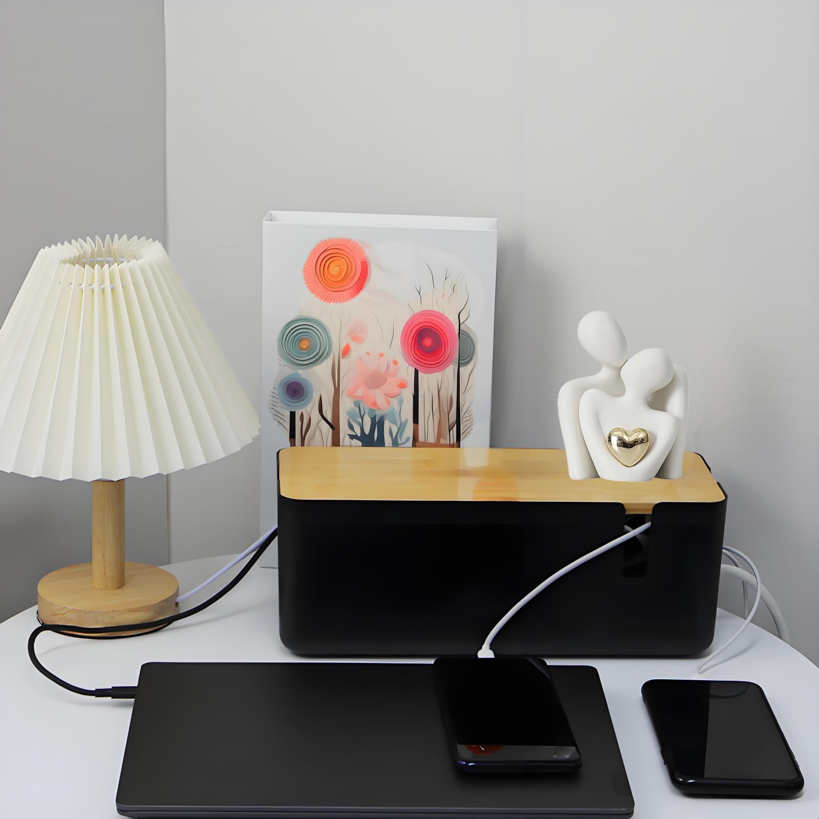 JJQHYC Cable Tidy Box Large Cable Box with Bamboo Lid Cable Management Box Black Cable Organiser for Hiding Cables and Plugs - Image 3