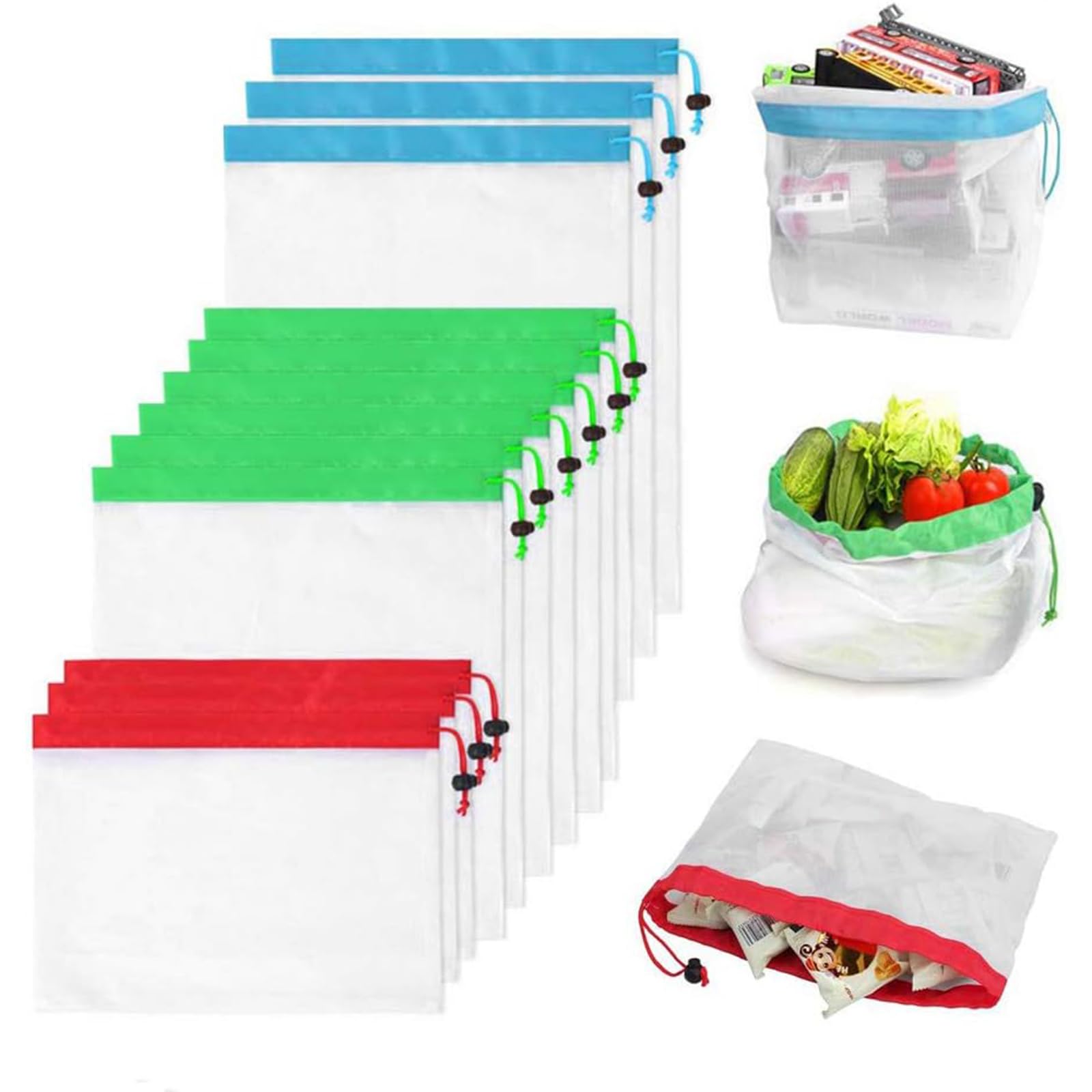 Reusable Produce Bags - Set of 12 Mesh Produce Bags 3 Size Colorful Washable and See-through Grocery Bags, Eco-Friendly (Mixcolor)