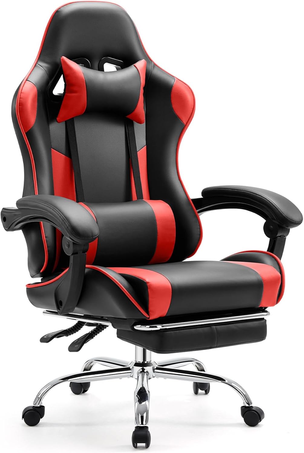 Product image of Sweetcrispy Video Game Desk Chair - Ergonomic Computer with Footrest and Comfy Lumbar Support, PU Leather Recliner with Headrest, Fixed Up Armrest, Height Adjustable with 360° Swivel, for Adults, Red