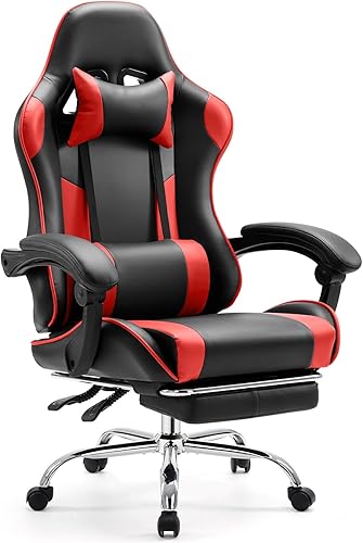Sweetcrispy Silla de escritorio para videojuegos, ergonómica para computadora con reposapiés y cómodo soporte lumbar, reclinable de piel sintética