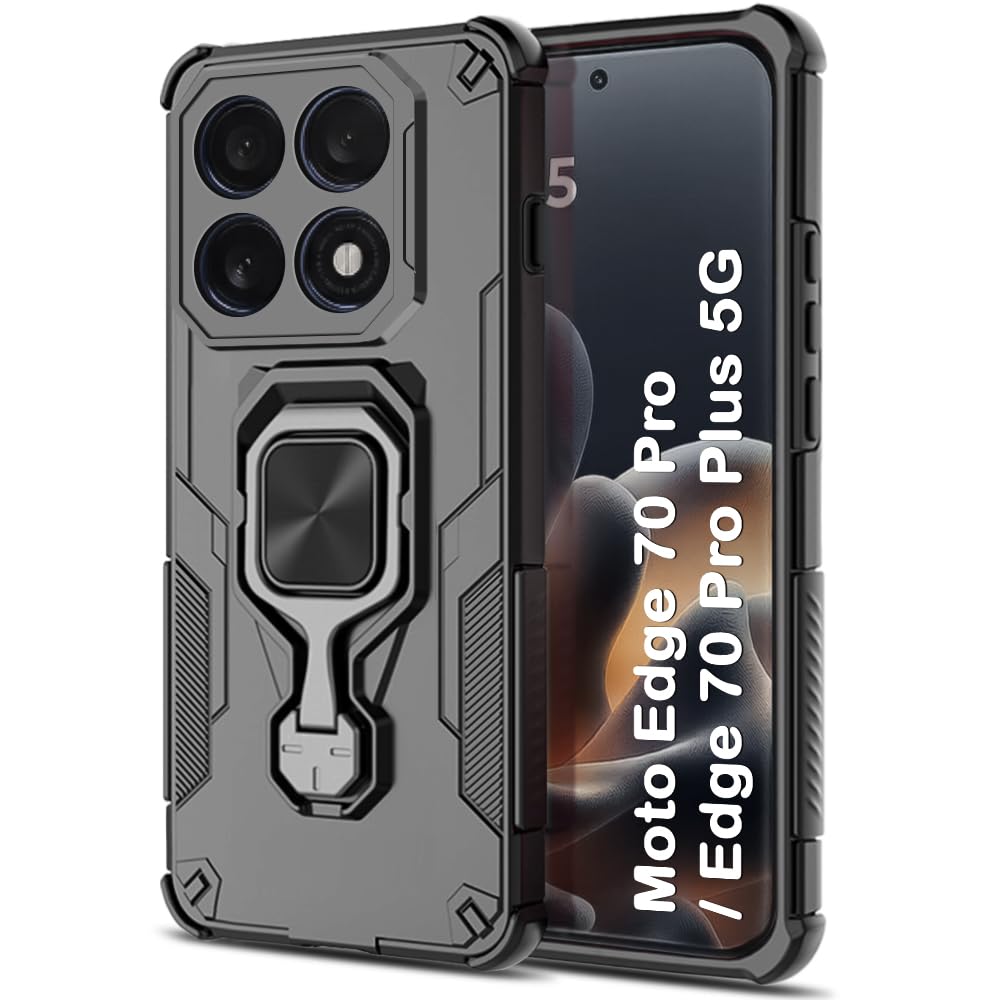 TheGiftKart Tough Armor Bumper Back Case Cover for Motorola Moto Edge 70 Pro/Edge 70 Pro Plus 5G | Ring Holder & Kickstand in-Built | 360 Degree Protection Back Case Cover (PC & TPU, Black)