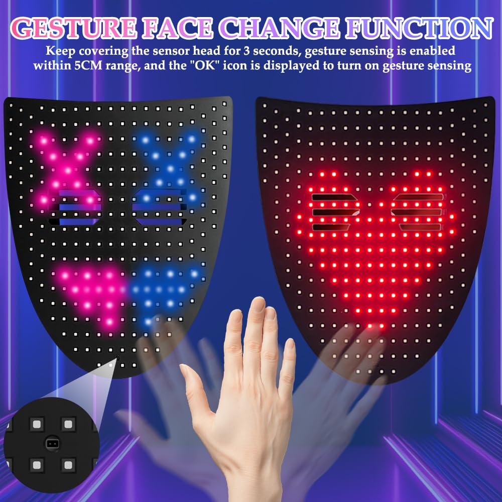 Máscara LED con detección de gestos, máscara iluminada de Halloween, máscaras transformadoras faciales con luz LED con 50 imágenes, máscaras luminosas LED digitales para Halloween, cosplay