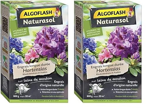 ALGOFLASH NATURASOL Engrais Hortensias, Rhododendrons et Azalées, Longue durée 5 mois, Jusqu'à 20 m², UAB, 800 g, ABIOHOR800 (Lot de 2)