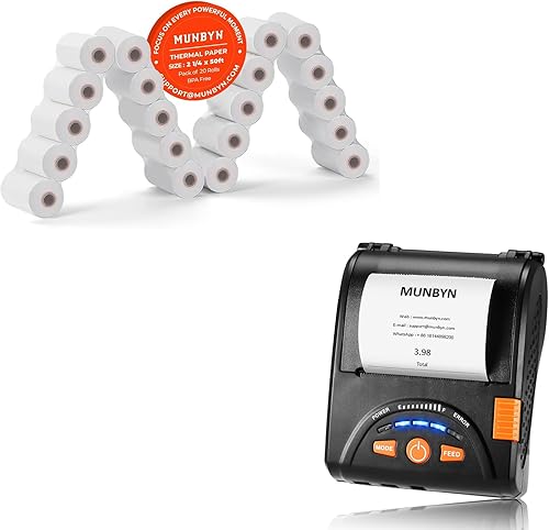 MUNBYN Mini impresora de recibos Bluetooth inalámbrica de 2.283 in y papel térmico de 2 14 x 50 pies (20 rollos), papel de recibo de 2.283 in sin BPA