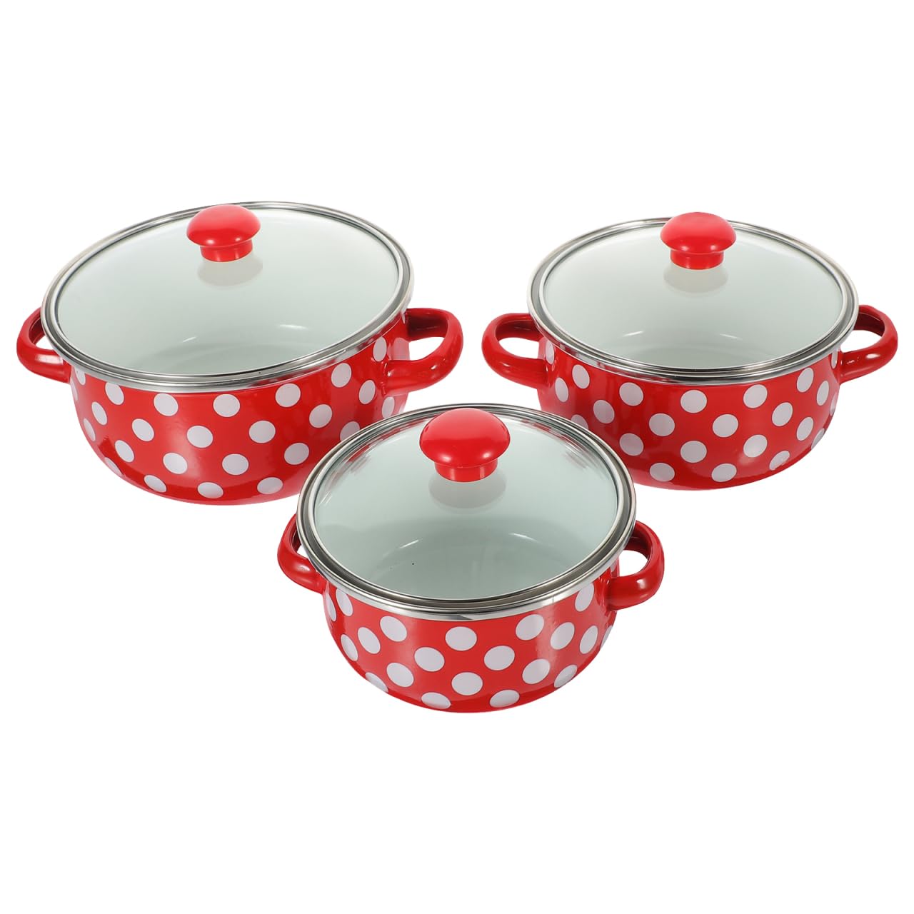 Enamel Cooking Pot Set Of 3 - Polka Dot Design, 2.1 Qt, 4.8 Qt, 5.8 Qt, Induction Safe