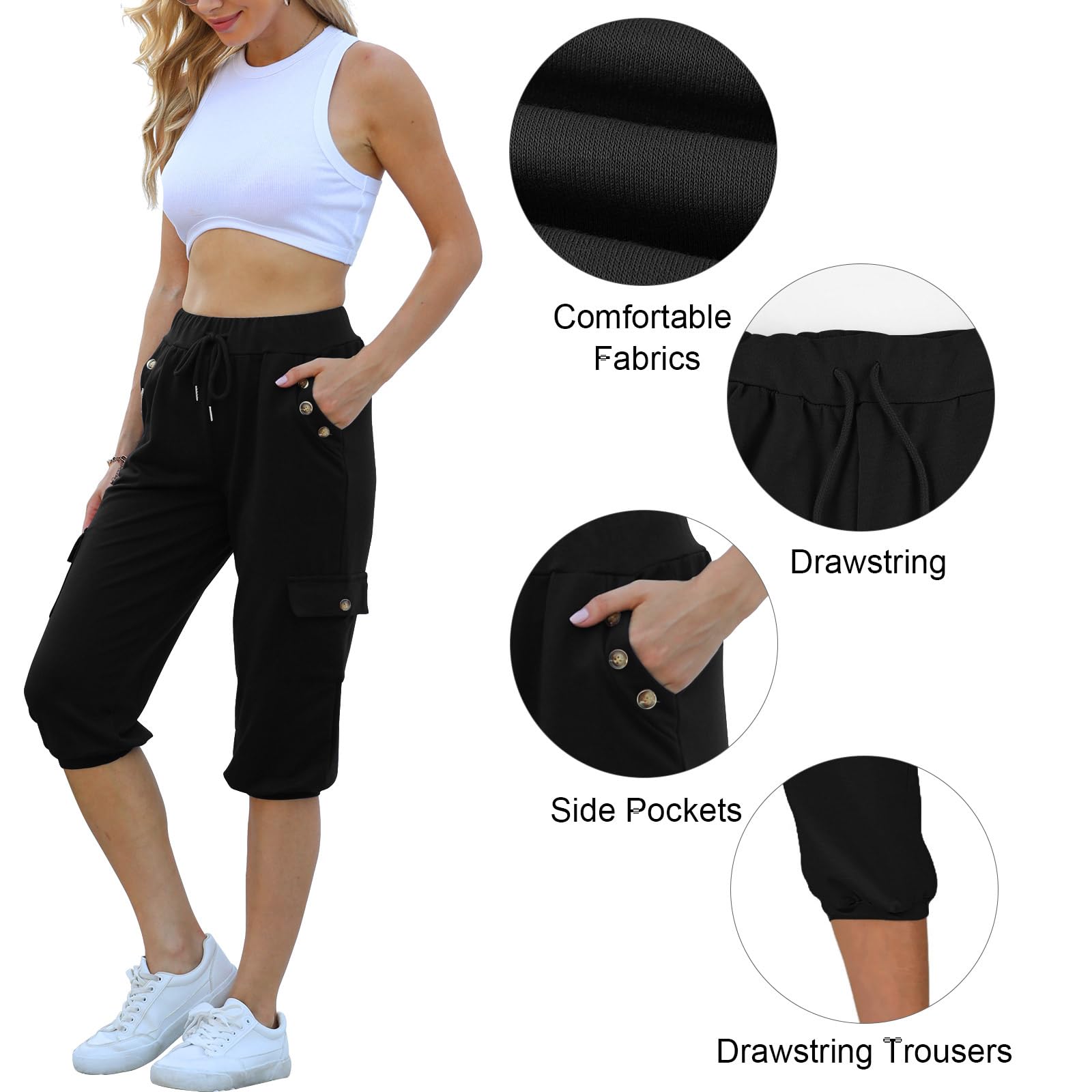 TOMEEK Pantaloni Donna Pantaloni Capri Estivi Casual Vita Alta Pantaloni 3/4 Sportivi Donne Pantaloni Jogger Baggy Pantaloni con Coulisse e Tasche Piede del Fascio Pantaloni Tuta