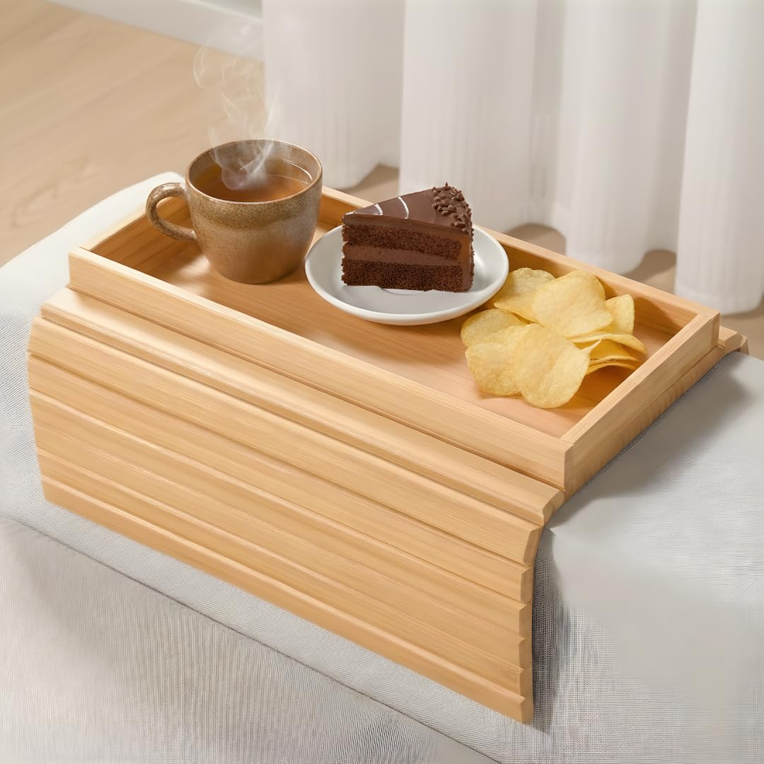 Hazzas Natural Bamboo Bamboo Sofa Arm Tray Table, Foldable 2-In-1 Couch Armrest Tray, Portable Detachable Cup And Snack Holder