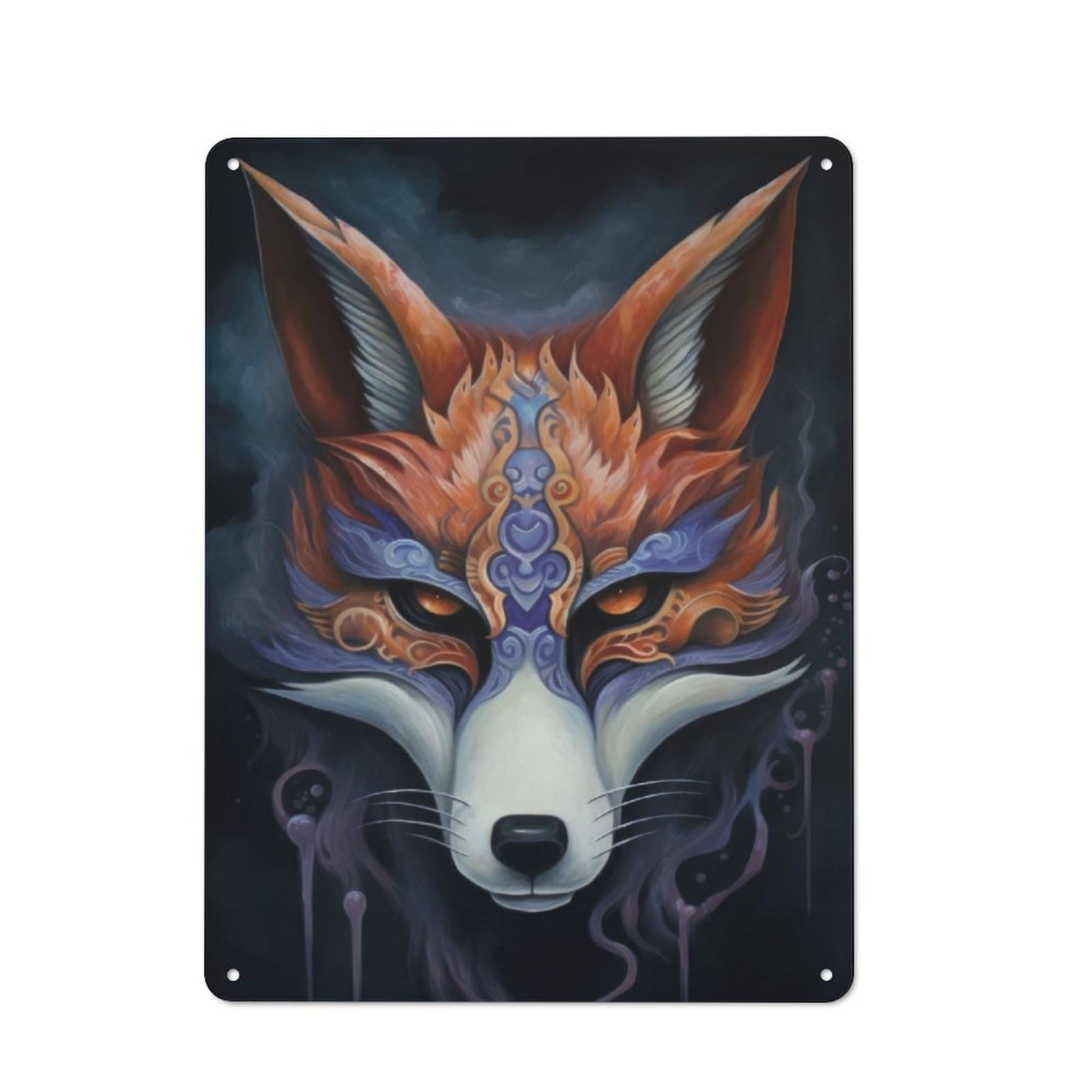 Junmoney Kitsune Fox Mask Charm Rustic Metal Sign 40X30cm For Living Room Or Hallway, For Winter Room Styling In Living Room And Hallway