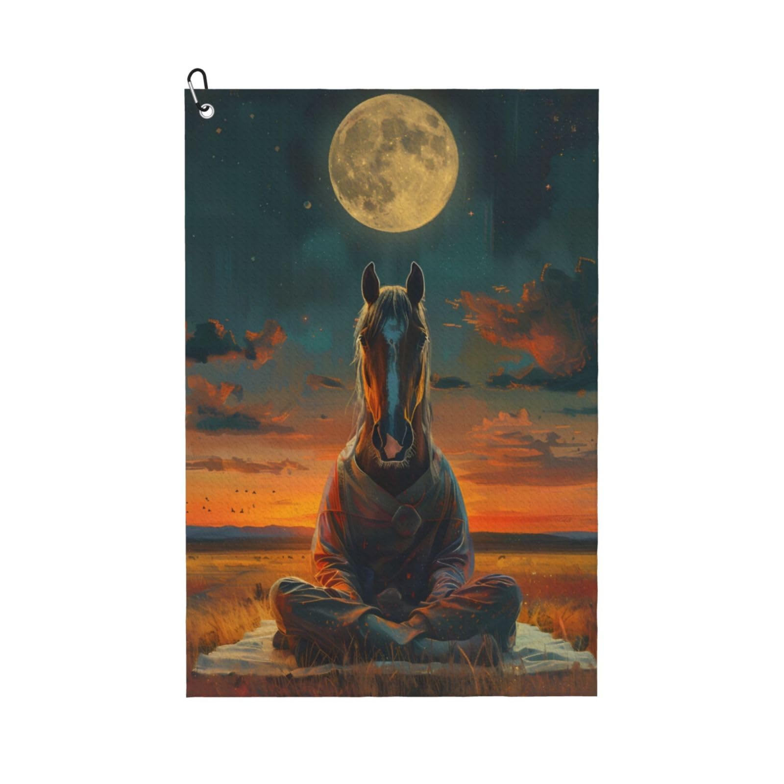 AOOEDM Sunset Prairie Meditating Horse Print Golf Towel with Carabiner Clip Absorbent Microfiber Golf Towel for Cleaning Golf Ball Club Putter Iron for Golf Bag Trolly Belt Loop 16" X 24"