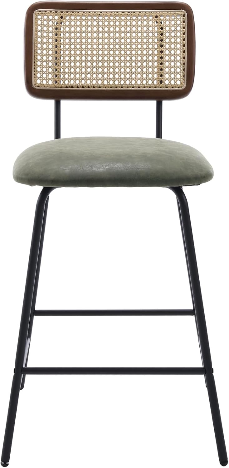 Rattan Counter Height Bar Stools, 26'' Modern Pu Leather Counter Stools with Cane Back, Wicker Counter Stools for Kitchen/Home Bar/Restaurant, Set of 4, Green PU