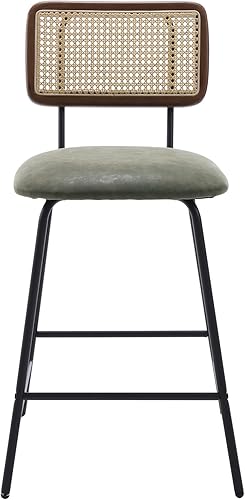 Miniatura 6 de Mid-Century Taburetes de bar de ratán de altura, 26 pulgadas, taburetes tapizados de poliuretano verde con respaldo de bastón, juego de 2