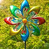 Sowsun Extra Large Wind Spinner Outdoor Metal Yard Sculpture, 24' Dia 71' Tall Garden Spinner with Colorful Flower Blades, Dual Rotors Wind Sculpture for Outdoor, Patio, Yard Art, Garden Decoration