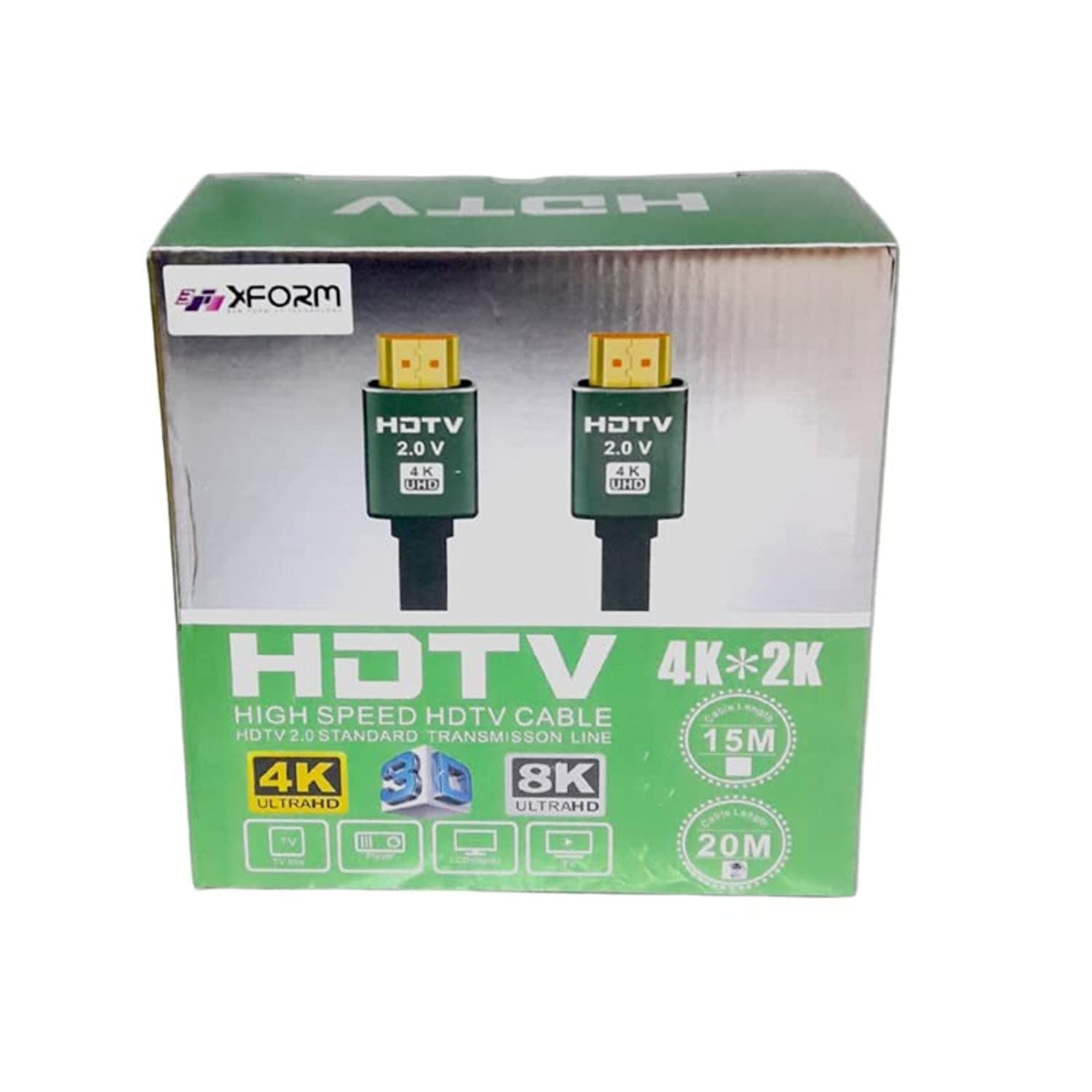 XFORM HDMI 2.0V 4K HDMI Cable OD 8.0mm 19+1 CCS Support 3D 1080P 4K*2K Color Box Packing 20M