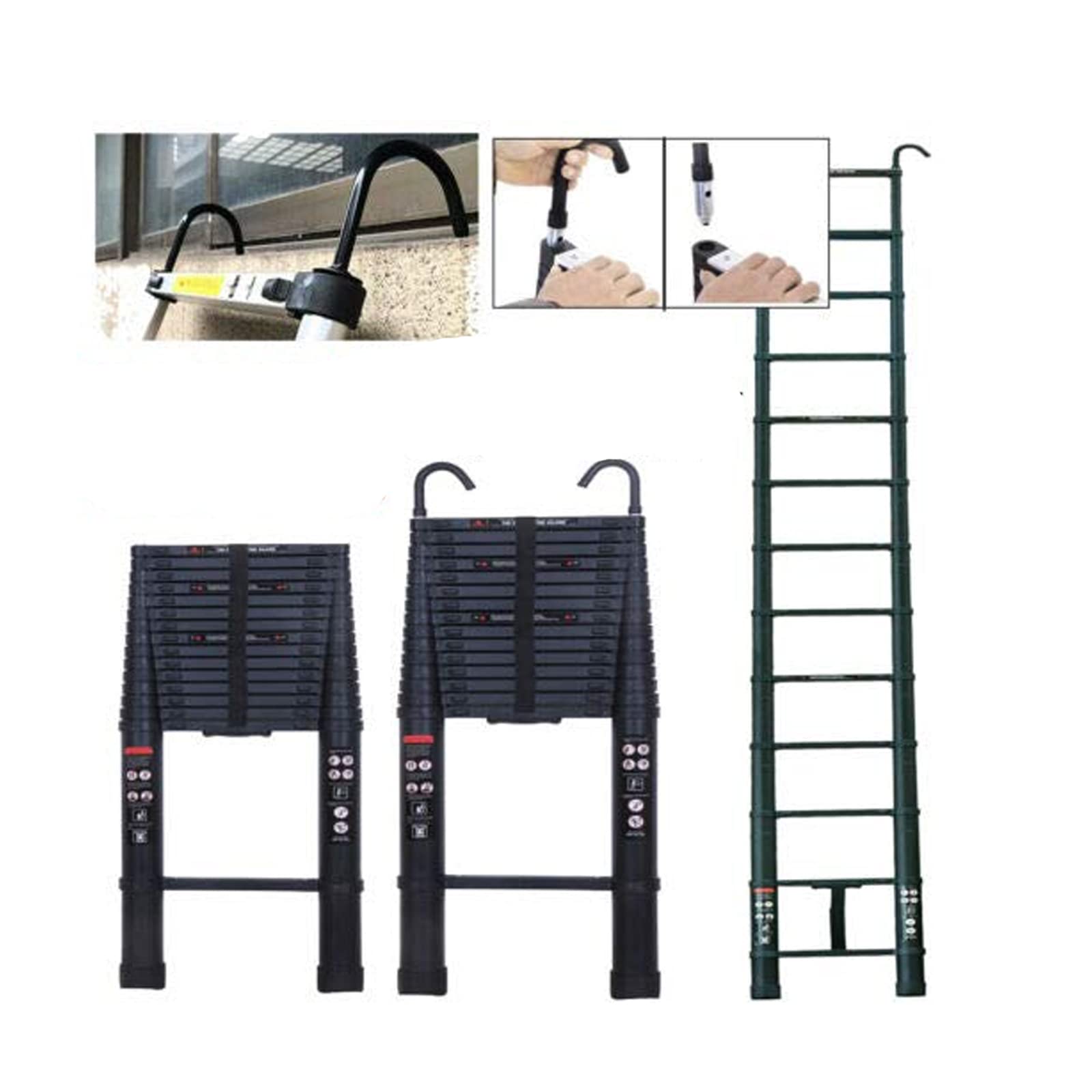 Escalera Telescópica de 6,2 m con Gancho Extraíble, Escalera Plegable de Aluminio Andamio, Antideslizante, Resistente, 150 kg/330 libras de Carga (Negro)
