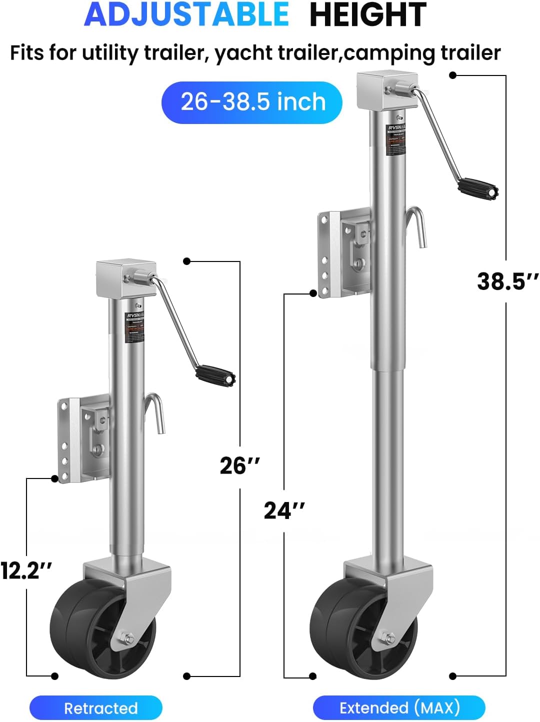 2000 lbs Trailer Jack with Dual Wheel Heavy Duty, 12" Lift, 20-24V Cordless Drill Compatible, for RV, Boat, Yacht & Utility Trailers, Sliver