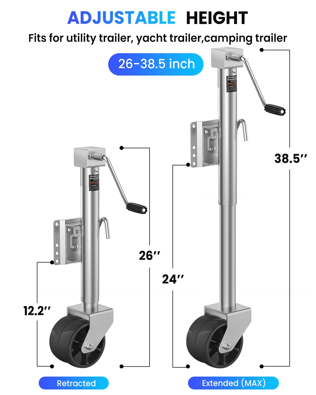 Podnośnik przyczepy 907 kg z podwójnym kołem, wytrzymały, podnośnik 30,5 cm, kompatybilny z wiertarką akumulatorową 20-24 V, do kampera, łodzi, jachtu i przyczep użytkowych, srebrny