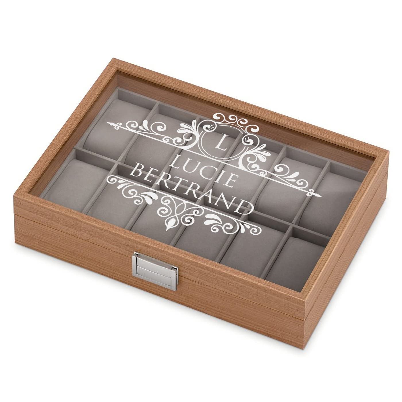 Maverton Boîte à Montres personnalisée - Coffret de rangement pour 12 montres - Couvercle avec gravure - Cadeau d’anniversaire pour chaque femme - 12 coussins amovibles - Élégant