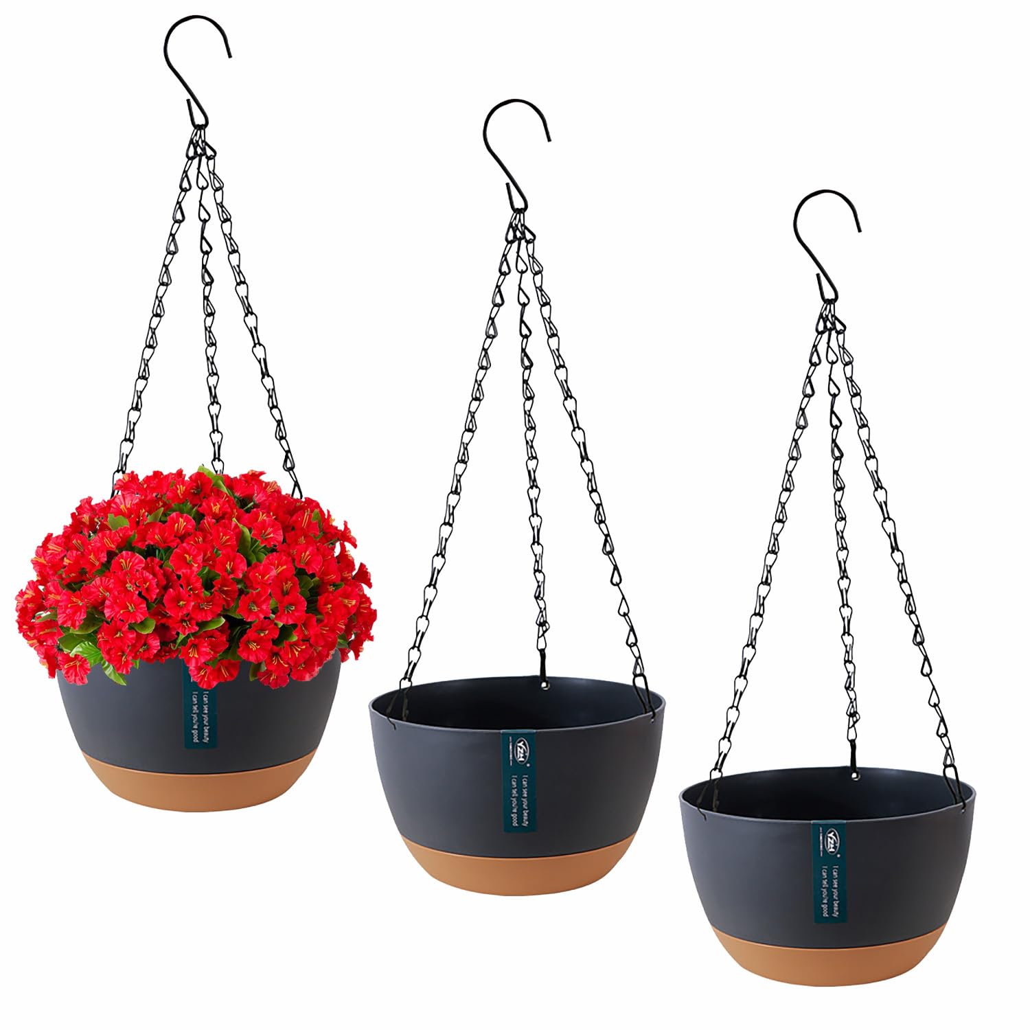 Lot de 3 pots de fleurs suspendus avec trous de drainage et soucoupes, support de plantes à suspendre pour intérieur et extérieur, panier suspendu pour plantes et fleurs (gris foncé)