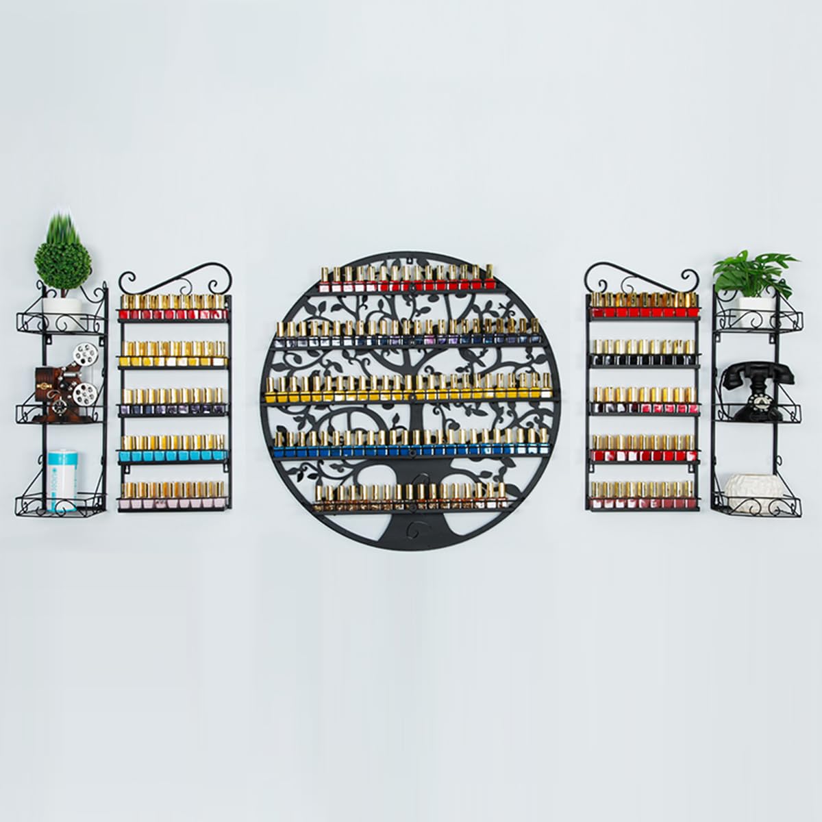 Espositore per Smalti per Unghie in Metallo con Motivo A Fiori E Uccelli, Mensole Sospese Organizer per Smalti per Unghie A Parete, Organizer per Oli Essenziali per Saloni Spa E Casa,Nero,95cm