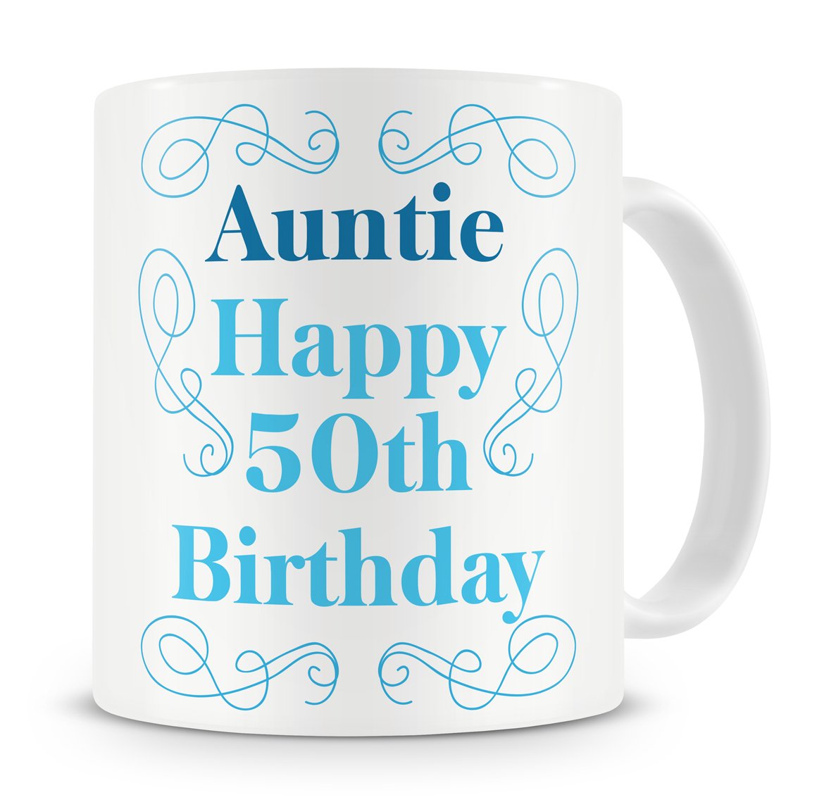 "Auntie, Happy 50th Birthday" Mug - Auntie / Aunty / Aunt - 50th / Fiftieth Birthday Present / Gift Mug - From Niece / Nephew (Blue)