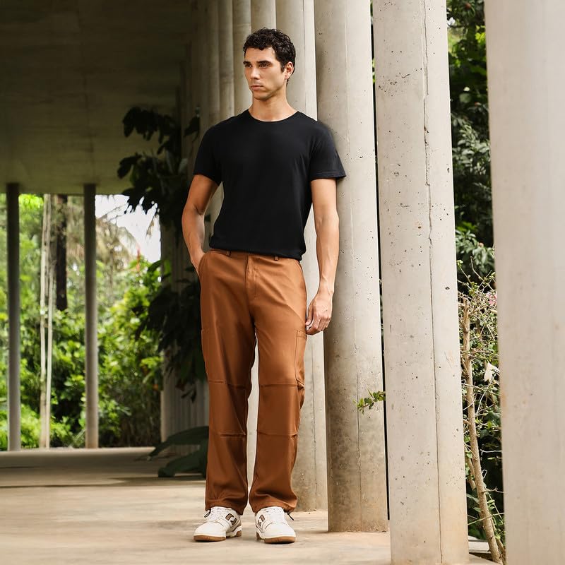 Image of CAHOOT Men Trousers | Mid-Rise, Side-Elasticaed Stretch | Button, Straight Hem | Solid Twill | Woven Fabric for Casual & Street Wear | Russet Brown