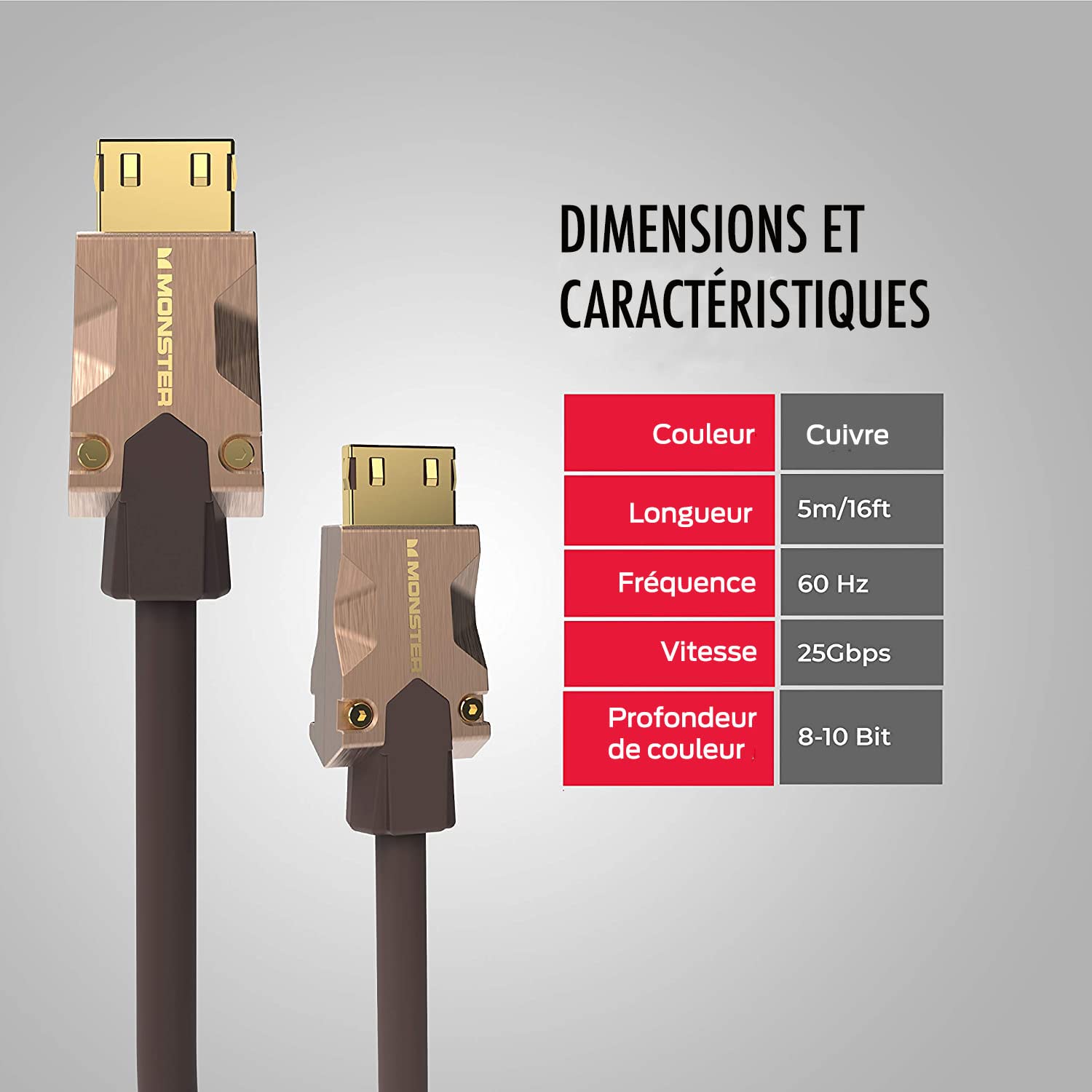 MONSTER - M2000 - Câble HDMI - Résolution 4K - Vidéo HDR10+ - 25 GBPS - Vitesse Éclair - Connecteurs V-Grip - Triple Blindage - 5 Mètres - Garanti à Vie - Gaine Souple Tressée