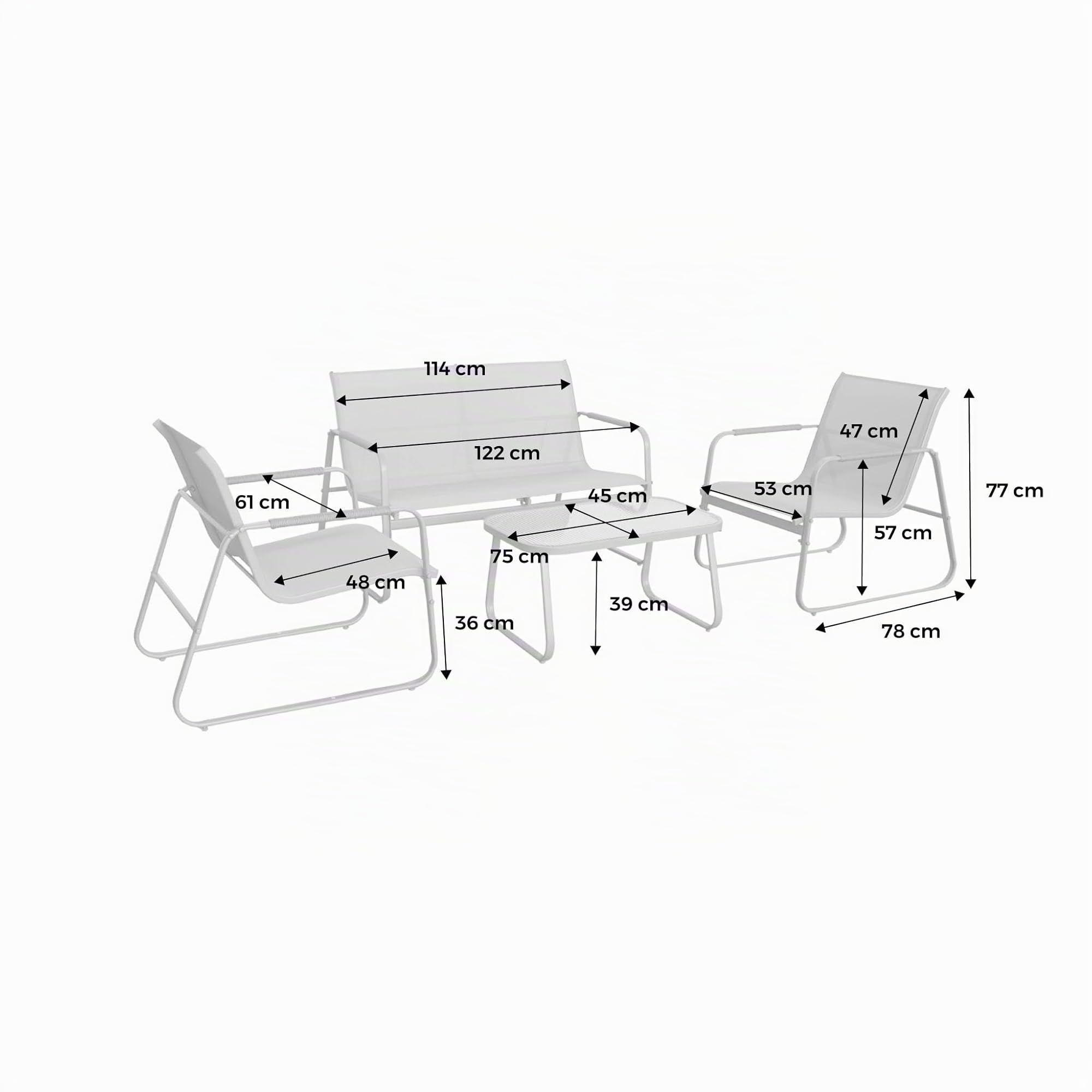 Alice's Garden sweeek - Salon de Jardin Blanc NOTO Acier. 4 Places. Un canapé. Une Table. Deux fauteuils textilene