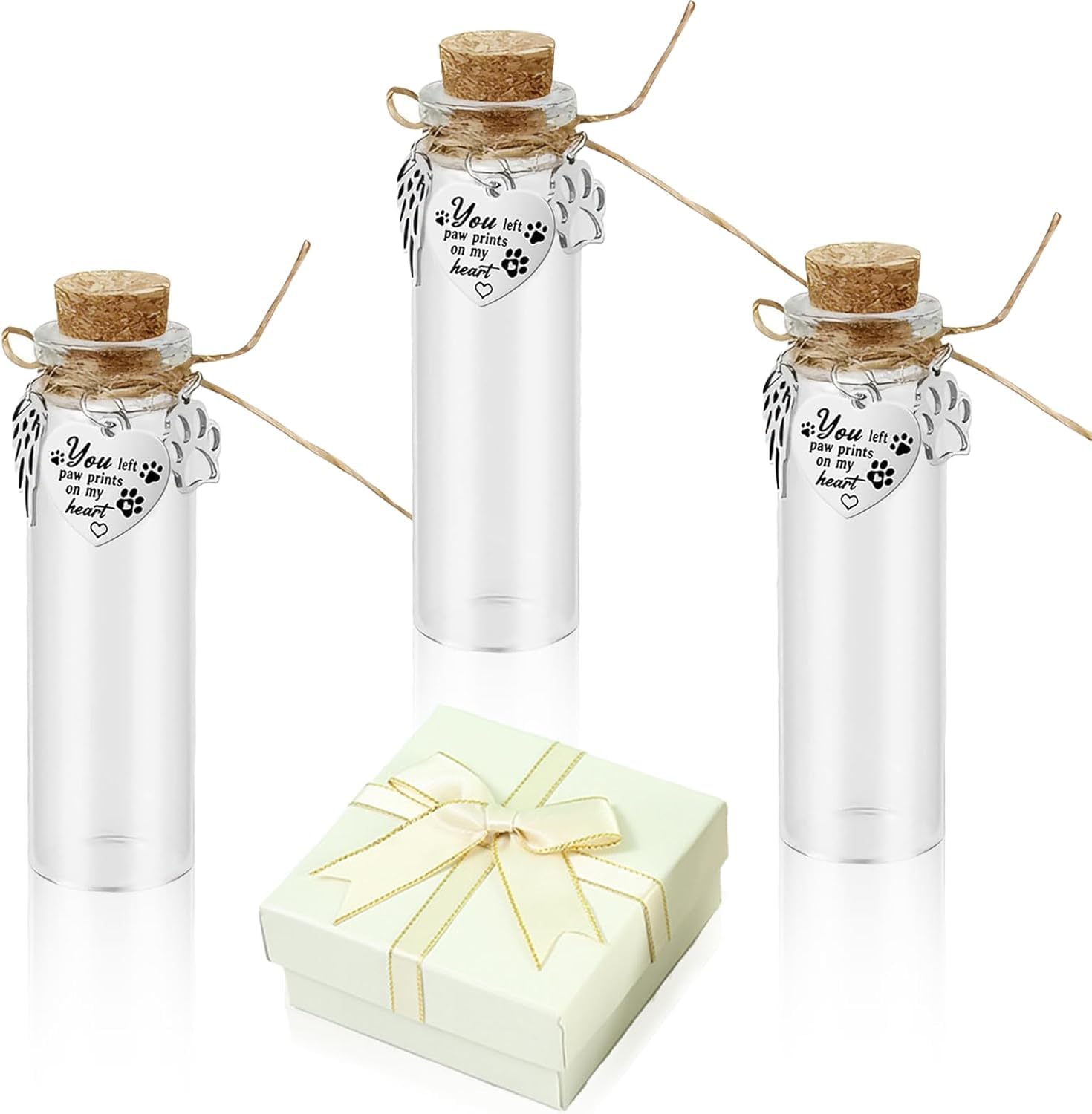Rayakt 3Pcs Pet Hair Memorial Bottle with Gift Box, Glass Wishing Bottles with Cork Stopper & Pendants, Dog Cat Keepsake Memorial Urn, Sympathy Gift for Pet Loss, Remembrance of Pet Ashes or Fur