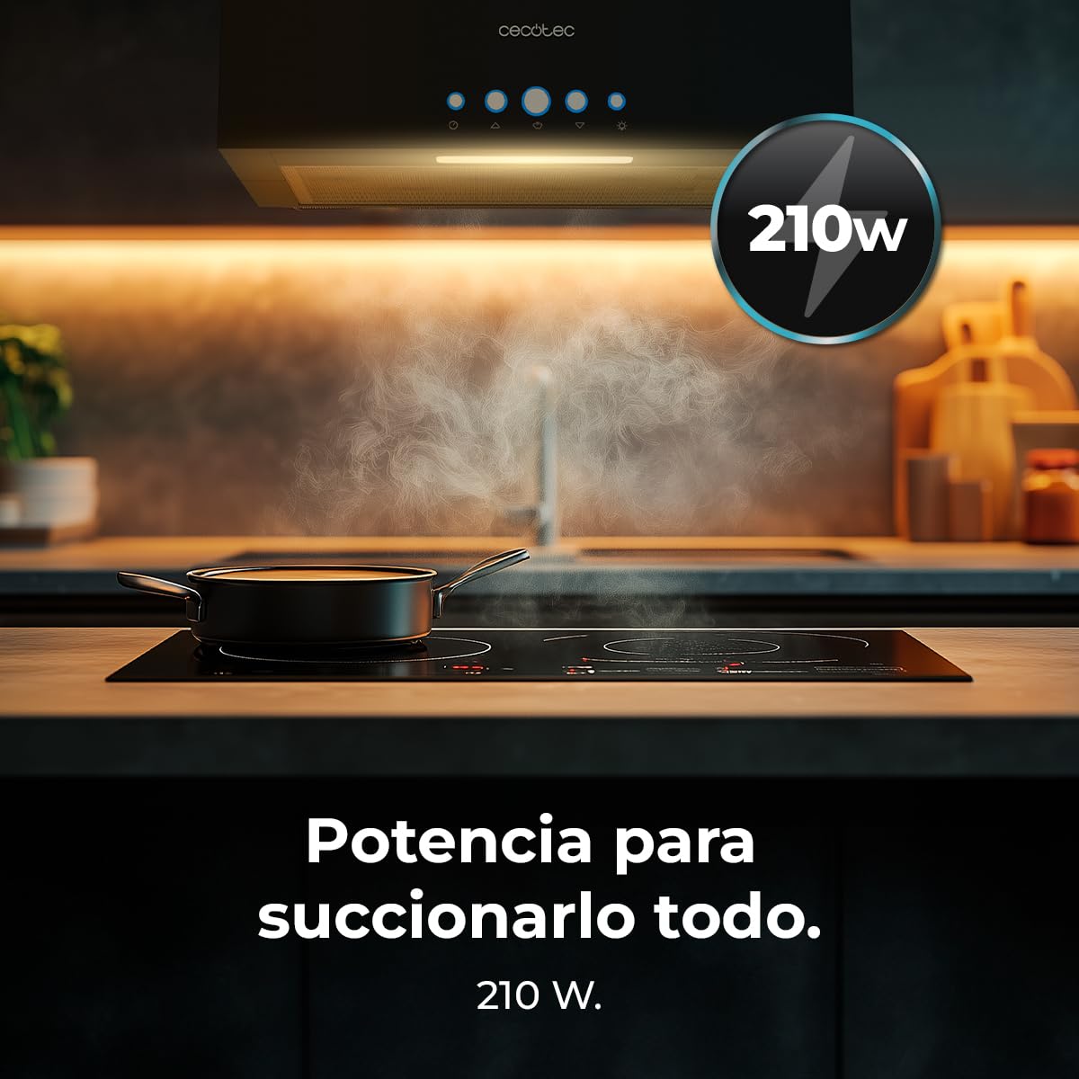 Cecotec Cappa Aspirante a Isola 38 cm - Cappa Cucina. Bolero Flux ICT 388000 Black A++ 210W, Cappa 38cm Acciaio inox nero, Flusso d'Aria 800m3/h, A++, Touch, LED, Carbonio Ø176, alluminio 5 strati