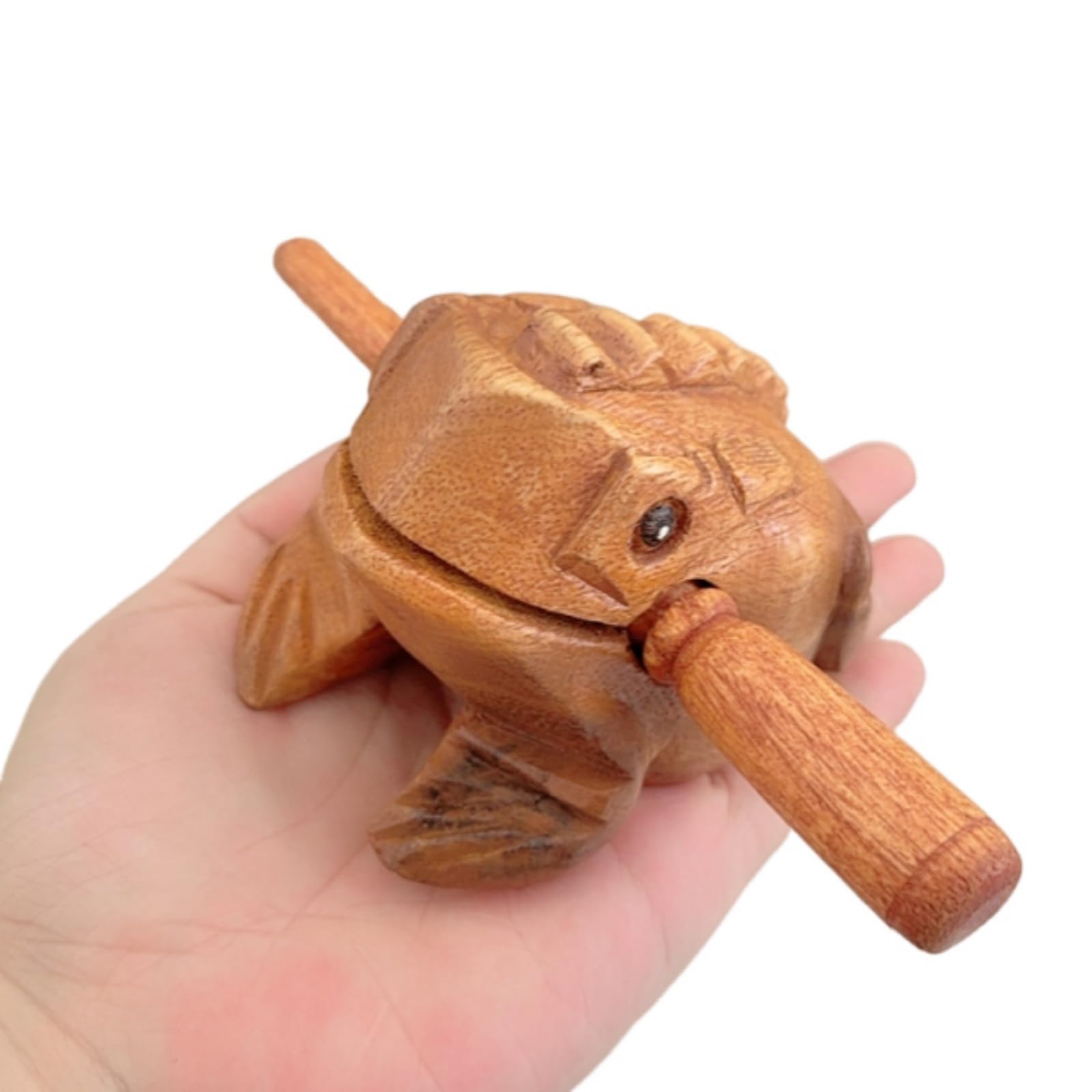 Drewniana żaba z pałeczką, ręcznie rzeźbiona żaba, ornamenty, ręcznie robiona muzyka, żaba, muzyka wokalna, żaba, instrument perkusyjny, zabawka (8,5 x 6 x 6 cm)