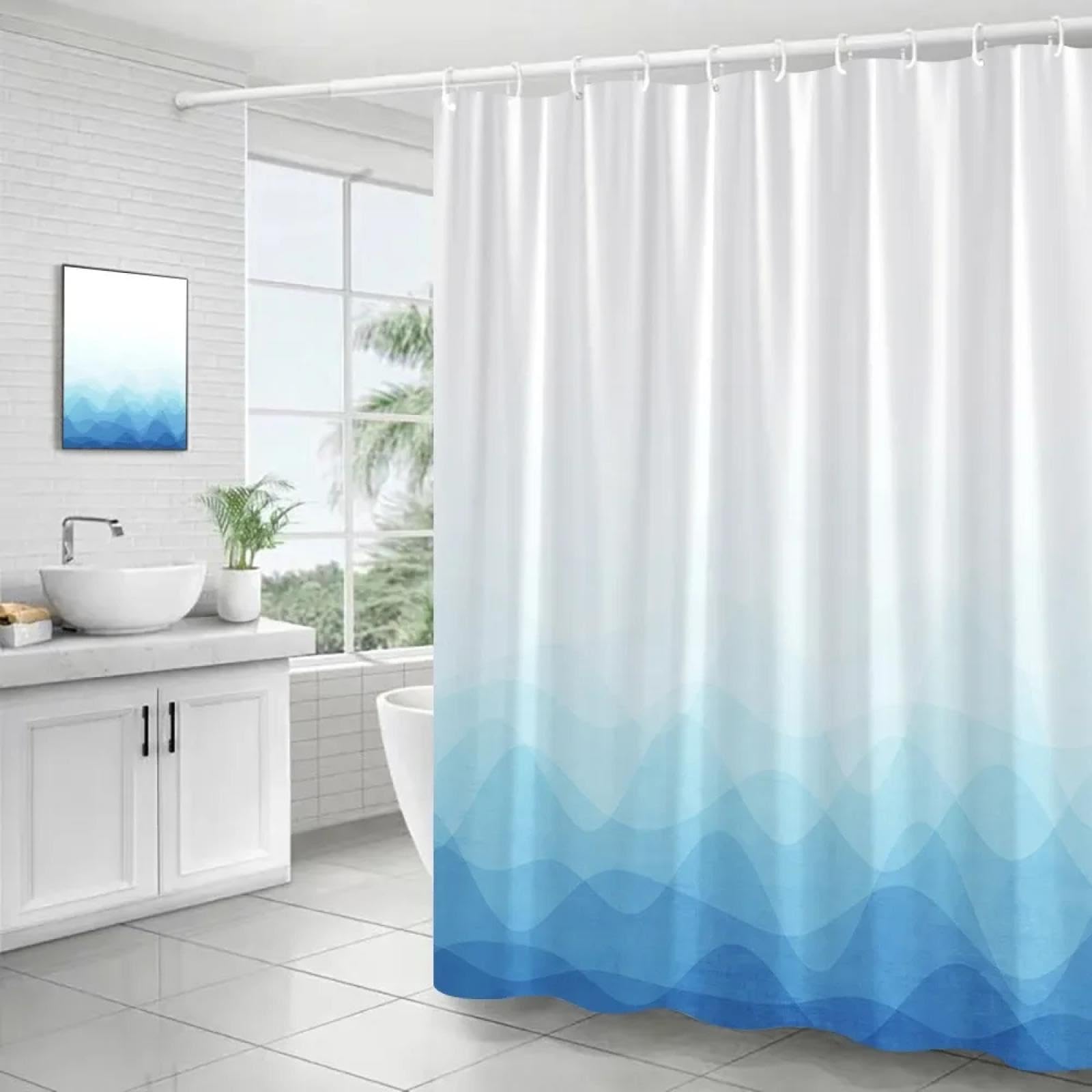 Rideau de douche de montagne abstrait déco salle de bain moderne bleu