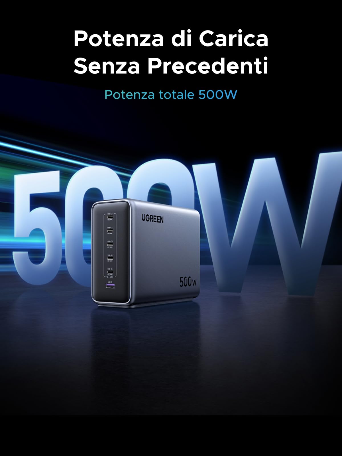 UGREEN Nexode 500W Caricatore USB C Stazione di Ricarica Caricabatterie | PD 3.1 PPS 45W 6 Puertos Compatible con iPhone 17 Pro MAX Air 16 15 14 13 Galaxy S26 25 24 Pixel 10 Pro iPad MacBook M5