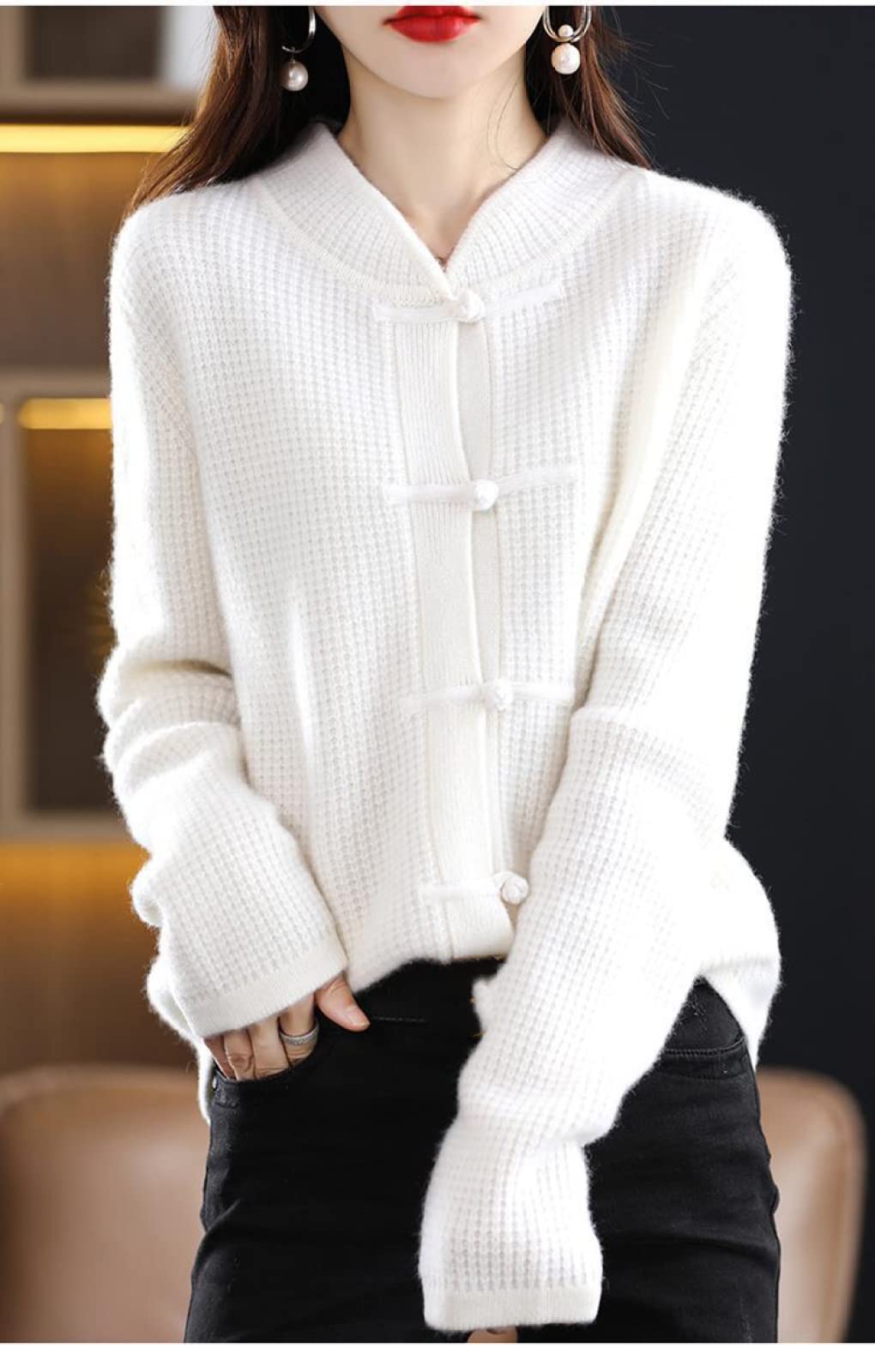 AGAATI Jersey de Punto para Mujer, cárdigan de Cachemira, Top de Punto de Lana con Hebilla Vintage, Rojo, XL, suéter de Manga Larga (Blanco M)