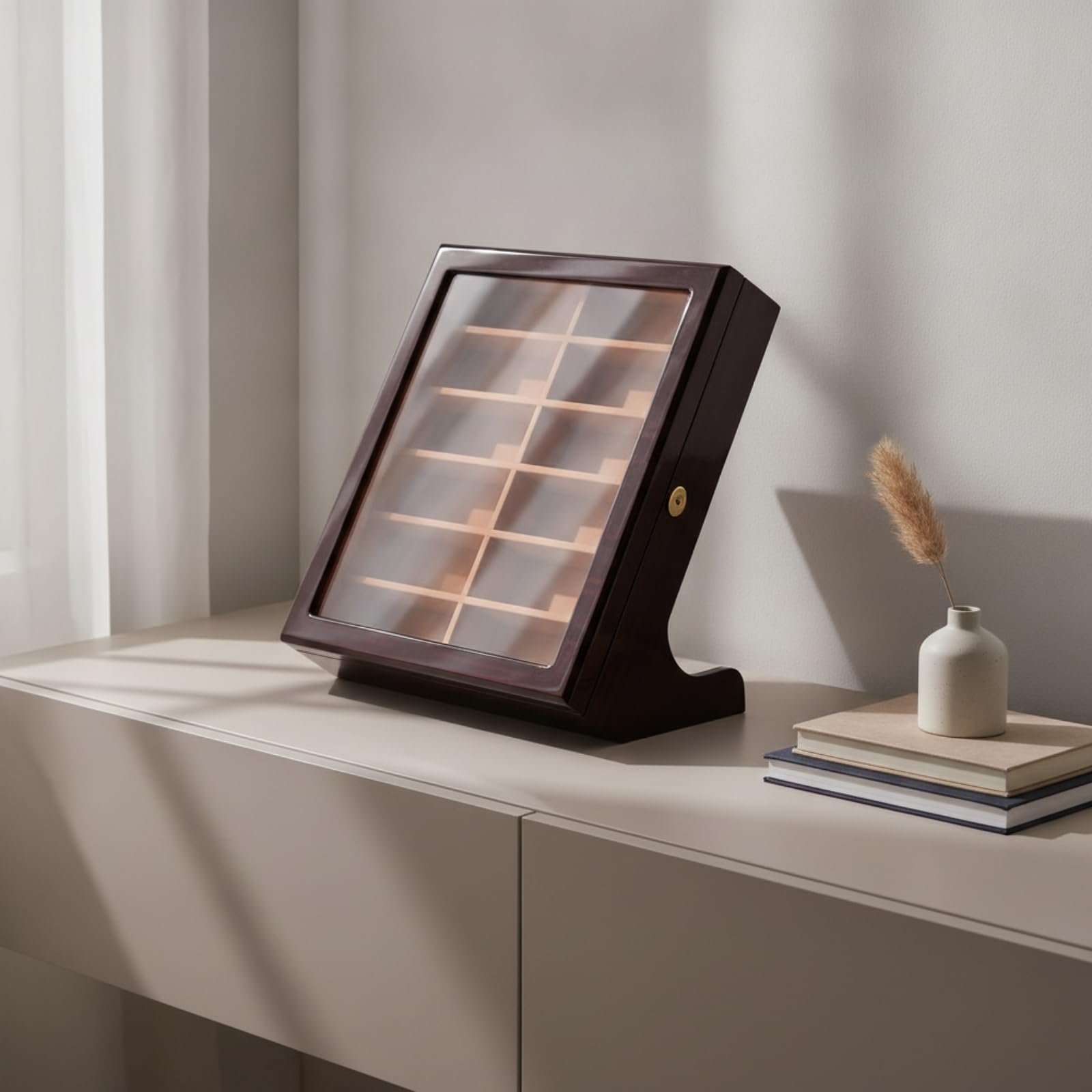 Brillendisplay aus 12 Fächer Brillenaufbewahrungsbox abschließbar Brillen-Organizer für Brillenträger, Sammler, Kommode, Array, Grün Lackiert, Dunkler Samt, Klappdeckel