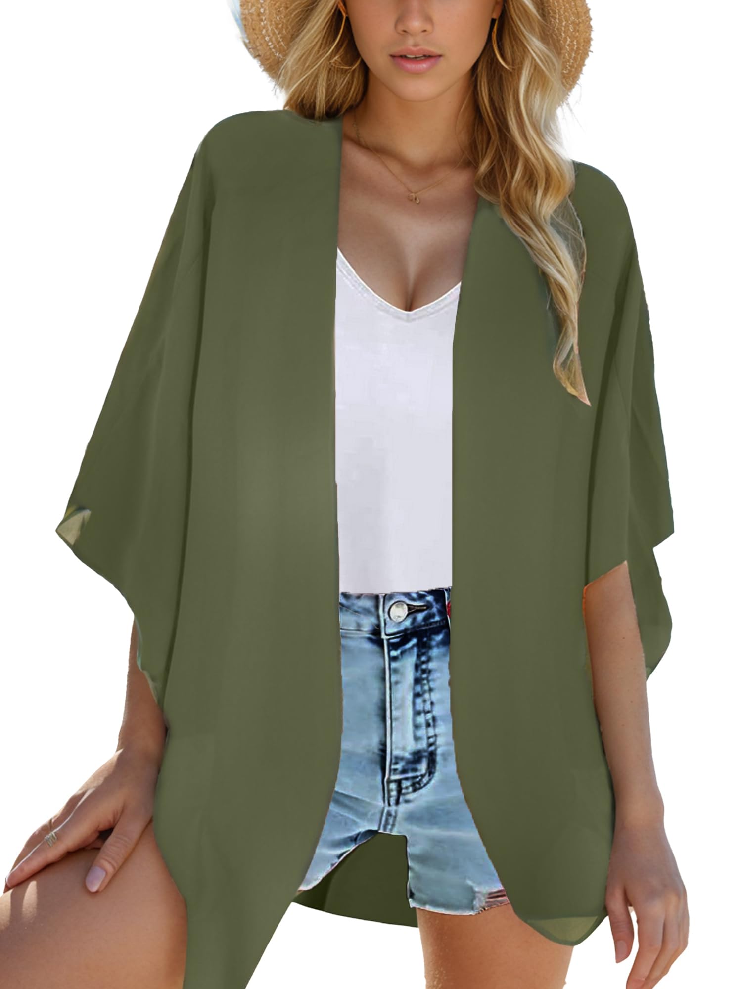 Moss Rose Women's Floral Print Solid Beach Swimsuit Kimono Cardigans Chiffon Casual Loose Open Front Cover Ups Tops - green - One Size