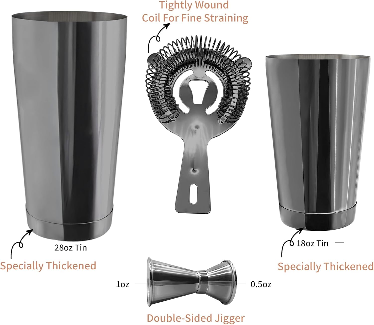 Safring Boston Cocktail Shaker Bar Set, Weighted Boston Shaker Tins, Bartender Kit with 18oz & 28oz Mixed Drink Shaker, Hawthorne Strainer, Double Measuring Jigger - Black