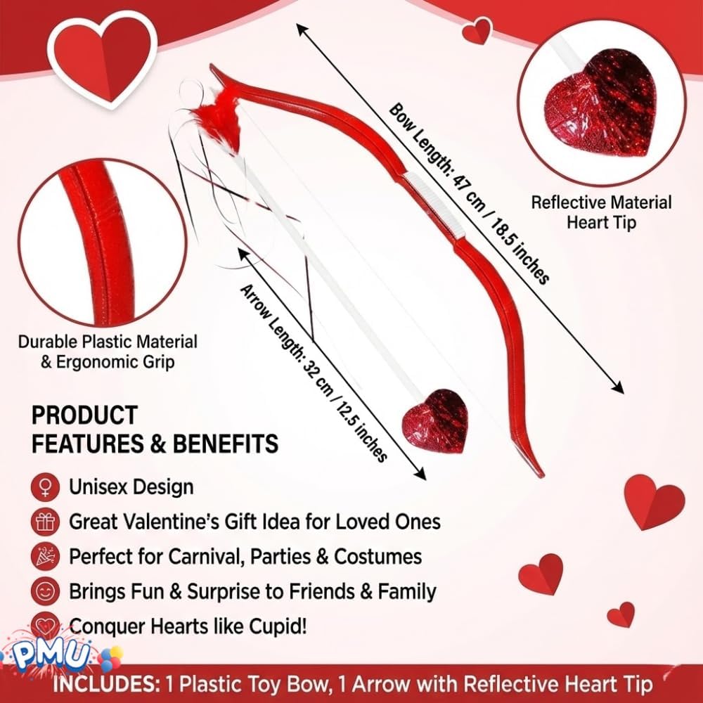 PMU 3Pcs Valentine’s Day Cupid Bow and Arrow - Arrow Bow Set for Valentines Day Events & Parties - Perfect for Photographic Posing for Any Event - Best Valentine Gift - Red